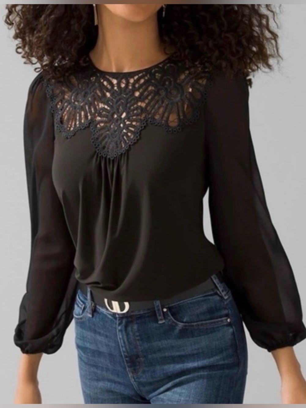 WHBM Black Lace Yoke Long-Sleeve Blouse, medium